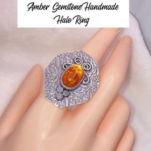 Amber Gemstone Chunky Handmade Halo Ring
